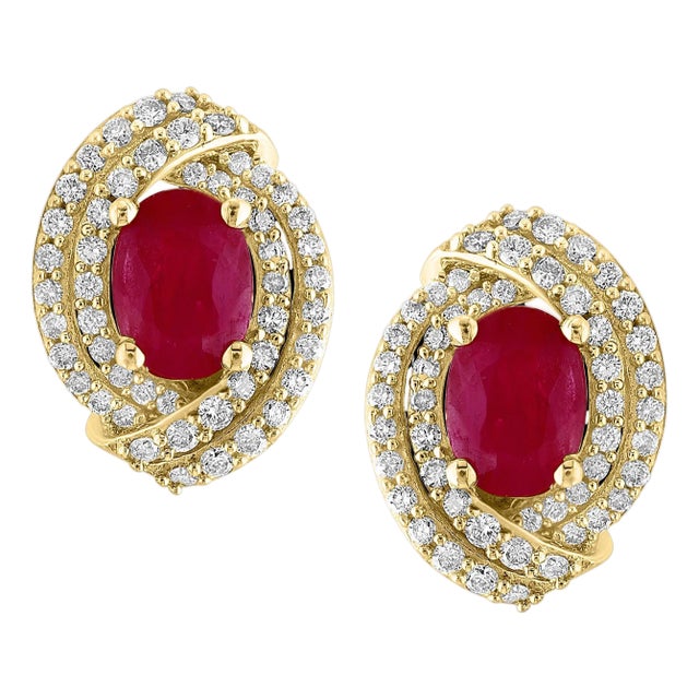 3.5 Carat Oval Natural Ruby & 1.2 Ct Diamond Stud Earrings 14 Karat Yellow Gold For Sale