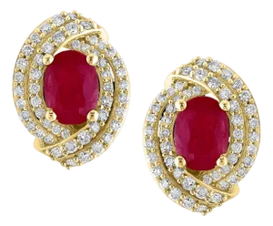 3.5 Carat Oval Natural Ruby & 1.2 Ct Diamond Stud Earrings 14 Karat Yellow Gold
