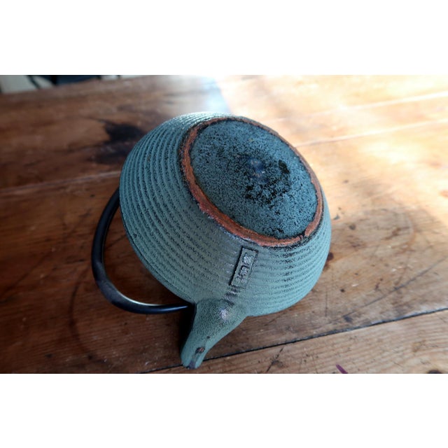 Vintage Green Cast Iron Teapot, Japanese Tetsubin Style, Ribbed For Sale - Image 4 of 11