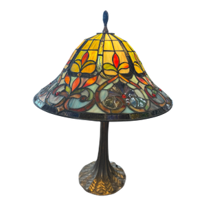 Late 20th Century Art Nouveau Style Stained Glass Table Lamp With Floral Shade & Cast Leaf Base
