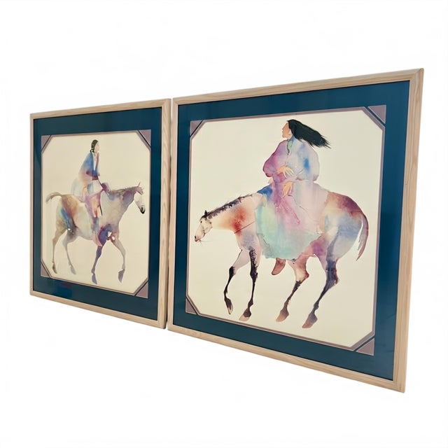 Earth Healer and Mother Moon by Carol Grigg watercolor lithographs circa 1985 featuring Native American women on horseback...