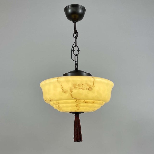 1930s Art Deco Dark Cream Marbled Opaline & Bronzed Pendant with Tassel, Germany, 1930s For Sale - Image 5 of 17