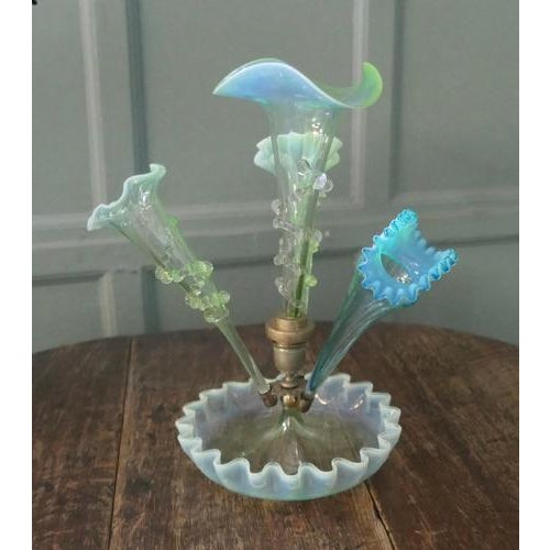 French Hand Blown Uranium Glass Three Trumpet Epergne, 1900 For Sale - Image 8 of 9
