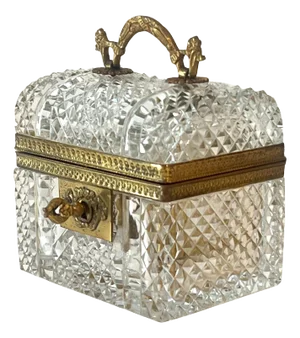 French Baccarat Diamond Cut Crystal Hinged Domed Box with Four Perfumes and Key