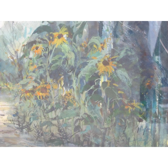 Impressionist Frank Leonard Brooks Signed Gilt Frame Sunflower & 2 Figures Watercolor Painting For Sale - Image 3 of 7