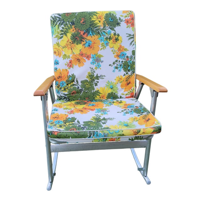 MCM Telescope Folding Furniture Floral Aluminum Rocker For Sale