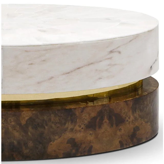 Infinity Center Table by Memoir Essence Dimensions: D 53 x W 100 x H 35 cm. Materials: Polished brass, walnut root and...