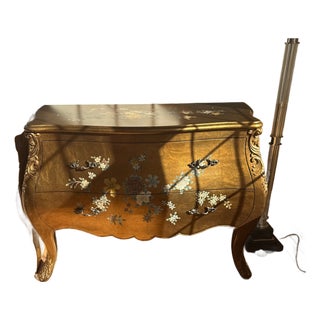 1990s Louis XV-style Hand Painted Gold Lea-Leaf and Floral Bombe Commode,with Cabriole Legs & a Scalloped Apron For Sale
