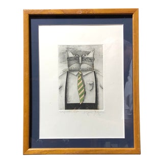 Terry Paul (t.p.) Speer; Hand Colored Etching- 1980s 'Corporate Cat' W Power Tie For Sale