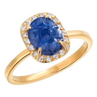Gia Certified No Heat Carved Sapphire Diamond 2.61 Carat 18 Karat Yellow Gold, Size 6.5 For Sale