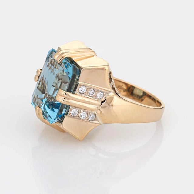11ct Aquamarine Ring Vintage 14k Yellow Gold Square Cocktail Fine Jewelry size 7 For Sale - Image 4 of 7