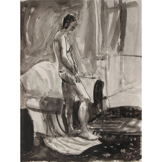 Jack Freeman Monochromatic Expressionist Interior With Figure Ink Drawing, 1976 For Sale