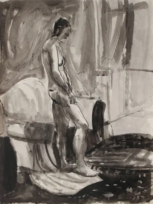 Jack Freeman Monochromatic Expressionist Interior With Figure Ink Drawing, 1976