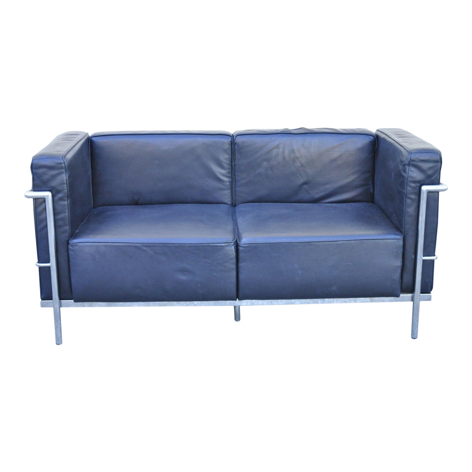 Modern Le Corbusier Lc3 Style Faux Leather Black Vinyl Loveseat Sofa By Kinetic Chairish