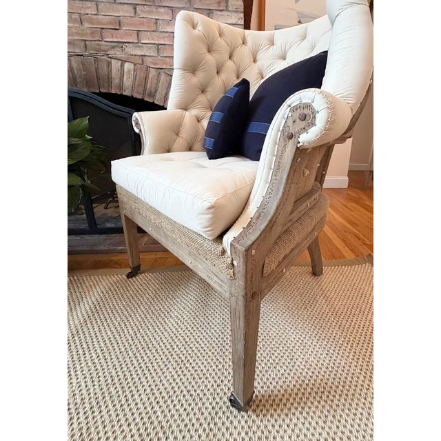 A Pair of Tufted Wingback Chairs in Ivory by Restoration Hardware Attributed to Ralph Lauren Heppelwhite Chairs For Sale - Image 16 of 18