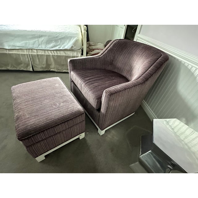 Restoration Hardware Purple Upholstered Armchair & Ottoman with White Legs Add a pop of color and comfort to your space...