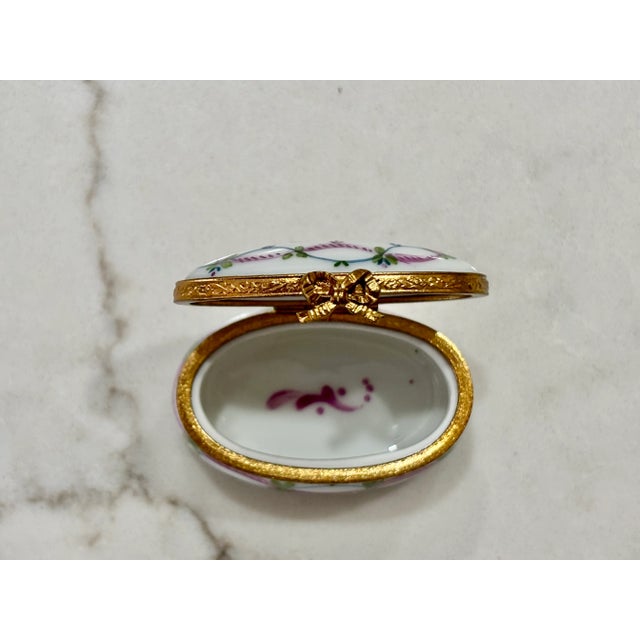 Pink Vintage Limoges- Pink and Green Porcelain Trinket Box With Brass Bow Closure and Accents-Hand Painted For Sale - Image 8 of 10
