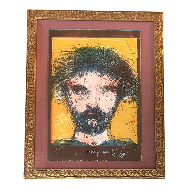 1970’s Lionel Góngora “Portrait of a Man” Original Abstract Expressionist Lithograph For Sale