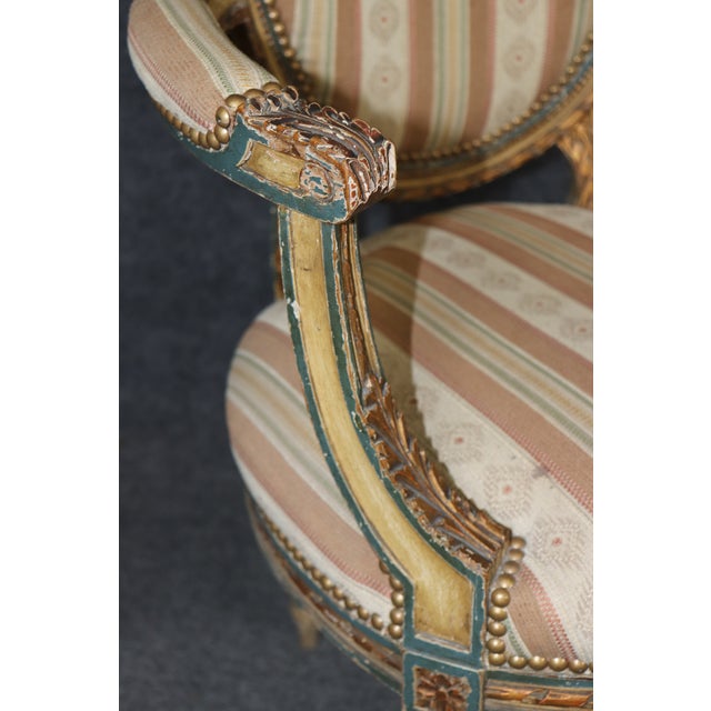 Pair of 19th C. French Louis XVI Paint Decorated & Gilt Carved Armchairs For Sale In Philadelphia - Image 6 of 12