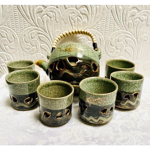 Japanese 1940s Otagiri Soma Ware Somayaki Mid Century Japanese Tea Set- 7 Pieces For Sale - Image 3 of 13