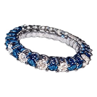 Mid 20th Century 14k White Gold Blue Diamond Eternity Band Ring, Size 8.75 For Sale