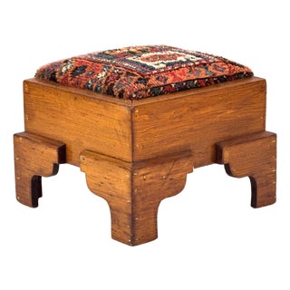 Antique 1920s Handmade Oak Wood Spanish Colonial Revival Arts & Crafts Footstool W/ Hand-Knotted Rug Seat For Sale