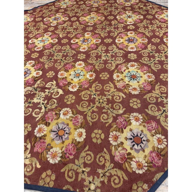 Neoclassical 1840s Burgundy Ground Floral Antique European Neoclassical Aubusson Round Rug For Sale - Image 3 of 6