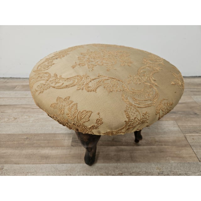 Vintage Walnut Pouf with Fabric-Covered Seat, 1940s For Sale - Image 3 of 9