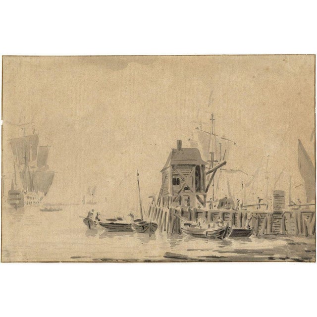 An original 18th-century wash drawing, John Henderson, Boats near a Jetty.This ethereal and poetic drawing in grey wash is...