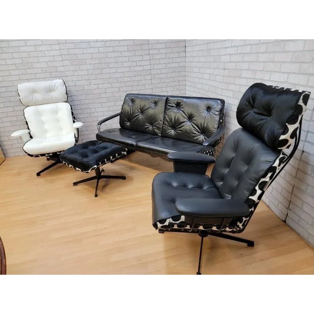 Mid Century Modern Homecrest Indoor/Outdoor Black Wire 2 Swivel Lounges, Loveseat and Ottoman Newly Reupholstered - 4...