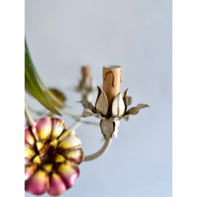 Rare French hand-painted tole five-light chandelier designed in the form of an inverted floral bouquet. Original hand-...