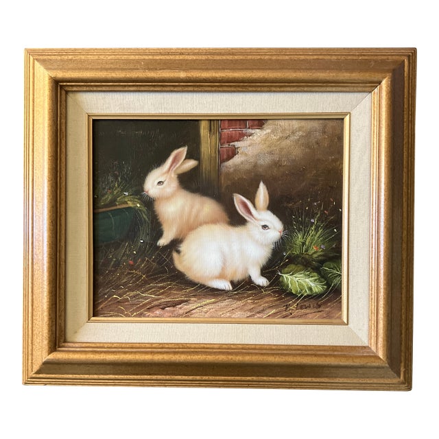 1980’s Original Impressionist White Bunnies Painting Original Wood Frame Signed For Sale
