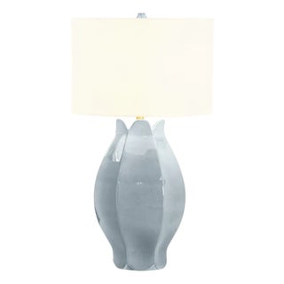 Matthew Izzo Home Mae Gray/Blue Glazed Ceramic Table Lamp With Shade and Ceramic Finial For Sale