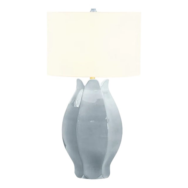 Matthew Izzo Home Mae Gray/Blue Glazed Ceramic Table Lamp With Shade and Ceramic Finial For Sale