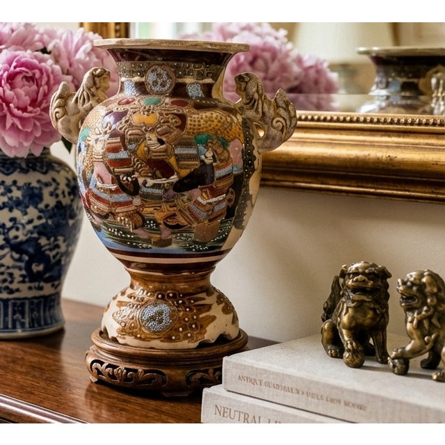 Gold Antique Japanese Satsuma Moriage Vase With Samurai Scene & Figural Handles – 14” For Sale - Image 8 of 18