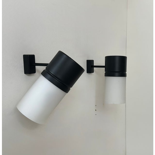 Black Vintage Matte Black Metal and Opaline Glass Adjustable Wall Lights, France, 1950, Set of 2 For Sale - Image 8 of 8