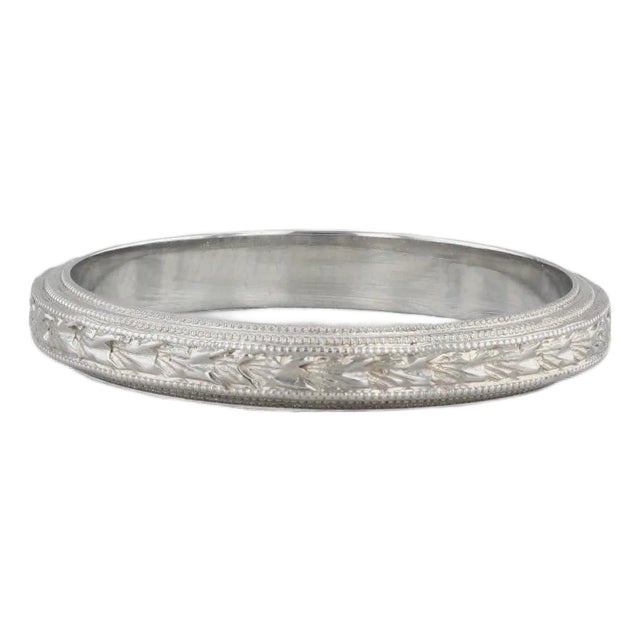 1920s Art Deco Wheat Etched Band 18k White Gold Size 11.25 Wedding Ring For Sale