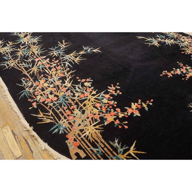 1920s 1930s Black Bamboo Floral Antique Chinese Art Deco Carpet 8'4" X 11'8" Wool Rug For Sale - Image 5 of 9