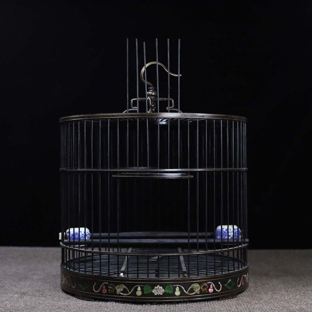 Black Zitan Wood Bird Cage Inlaid With Mother-of-Pearl For Sale - Image 4 of 9