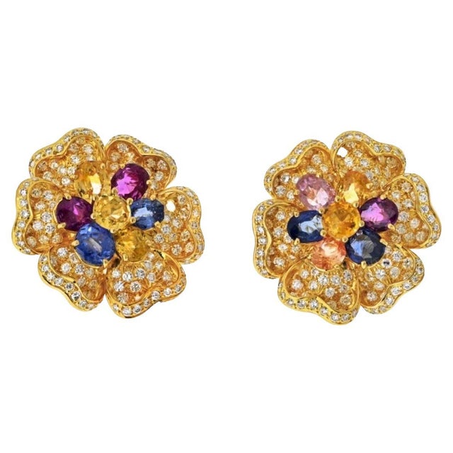 18K Yellow Gold Diamond & Multicolor Sapphire Flower Earrings by Designer Adler, A Pair For Sale - Image 15 of 18
