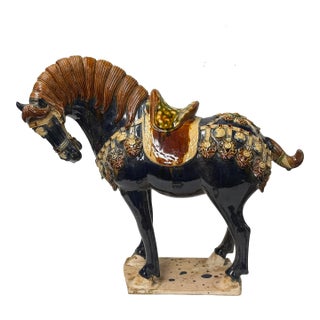 Oriental Ceramic Sancai Blue Brown Beige Fengshui Artistic Figure For Sale
