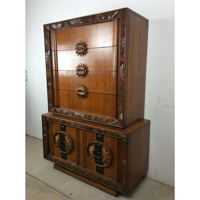 Mid Century Modern Armoire With Five Drawers and Unique Brass Hardware For Sale - Image 4 of 18