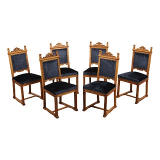 Antique Italian Renaissance Revival Set Of Six Carved Walnut Dining Chairs For Sale
