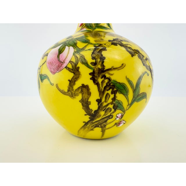 Vintage Chinese Yellow Famille Rose Monkey & Peach Porcelain Vase For Sale - Image 4 of 12