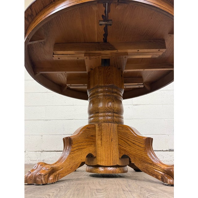Vintage 48 Inch Round Quarter Sawn Oak Lion Paw Claw Foot Pedestal Dining Table For Sale - Image 4 of 16