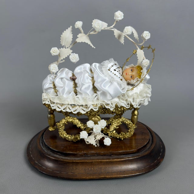 Vintage Mary Child in Bell Wax Golden Cradle with Wooden Base, 1950s For Sale - Image 3 of 12
