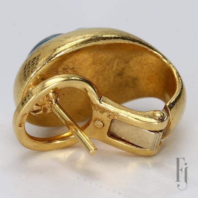 Mid-Century Modern Mid 20th Century Pair of 18k Yellow Gold Modified Hoop Earrings With Carved Aquamarine Cabochons For Sale - Image 3 of 4