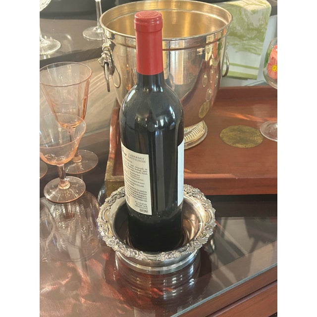 Vintage Heavy Silver Over Copper Wine Bottle Coaster With Turned Wood Base For Sale - Image 4 of 9