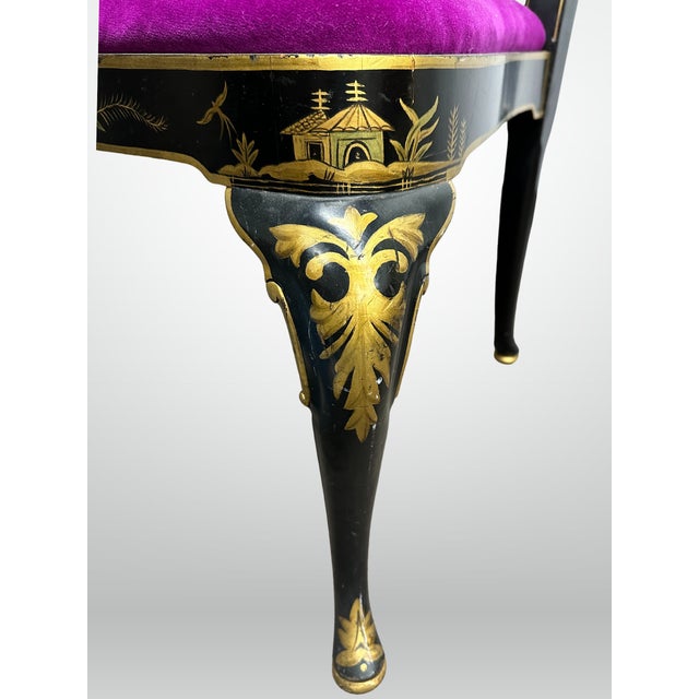 Kindel Queen Anne Hand Painted Chinoiserie Chairs Set of 6 Fuschia Velvet For Sale - Image 12 of 13