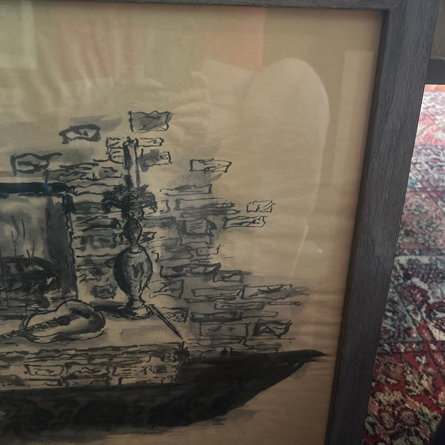 MCM 1940s Wpa Charcoal & Ink Interiors Painting /Framed For Sale - Image 4 of 7
